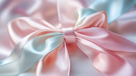 A close-up of a beautifully tied satin bow in soft pastel colors, adorning a gift box with a delicate ribbon.の素材