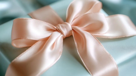 A close-up of a beautifully tied satin bow in soft pastel colors, adorning a gift box with a delicate ribbon.の素材