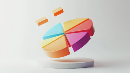 3D pie chart with vibrant segments floating in mid-air, set against a white minimalist backgroundの素材