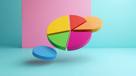 3D pie chart segments floating in mid-air, bright background, business conceptの素材