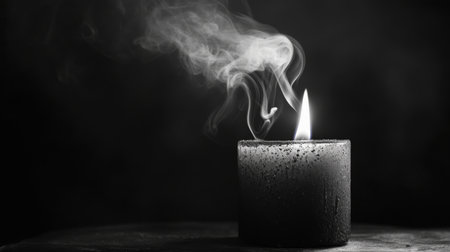 A black and white image of smoke rising from a recently extinguished candle, with the soft glow of remaining embersの素材