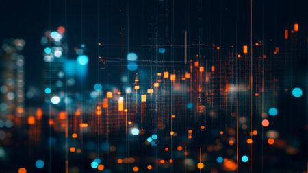 A close-up of a financial graph with fluctuating lines, overlaid on a cityscape at night, symbolizing market volatility.の素材