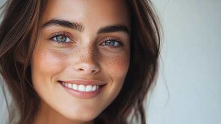 A close-up of a beautiful woman with radiant skin and minimal makeup, smiling softly, with natural light highlighting her features.の素材
