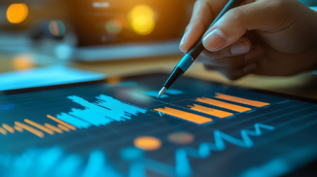 A close-up of a hand drawing a financial graph with a pen on a tablet, with a background of financial reports and chartsの素材