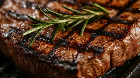A close-up of a perfectly grilled medium-rare steak, showing the juicy, tender meat with charred grill marks and a sprig of rosemary on topの素材