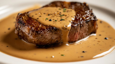 A close-up of a steak drizzled with a rich, creamy peppercorn sauce, with the sauce pooling around the meat on a white plateの素材