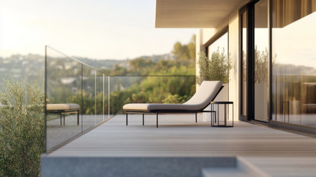 A close-up of a modern balcony with glass railings, showing a sleek lounge chair and a small side table, with a view of the surrounding landscape.の素材