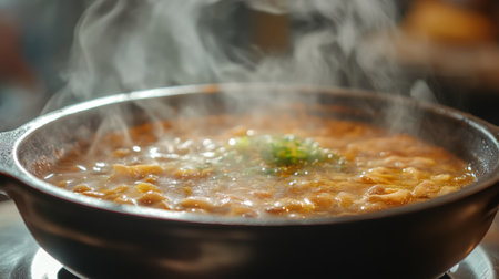 A close-up of a steaming dish of hot soup, with aromatic smoke rising and adding to the appetizing scene.の素材
