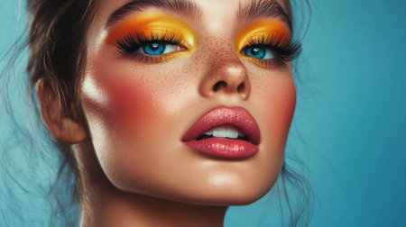 A close-up of a woman with a bold, colorful makeup look, featuring vibrant eyeshadow, dramatic lashes, and a matching lipstick.の素材