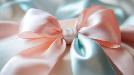 A close-up of a beautifully tied satin bow in soft pastel colors, adorning a gift box with a delicate ribbon.の素材