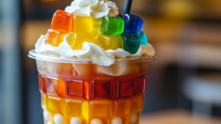 A close-up of a fruity bubble tea, highlighting the colorful jelly cubes and pearls with a layer of whipped cream on top.の素材