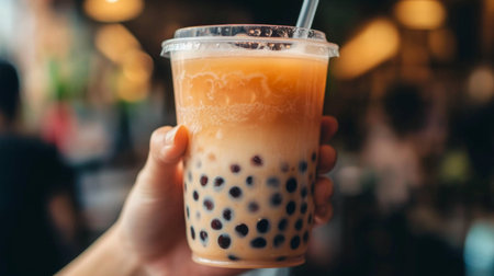 A macro shot of a hand holding a cup of bubble tea with a clear straw, focusing on the mix of milk tea and black pearls inside.の素材