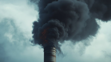 A close-up of thick black smoke billowing from an industrial chimney, highlighting environmental pollution.の素材