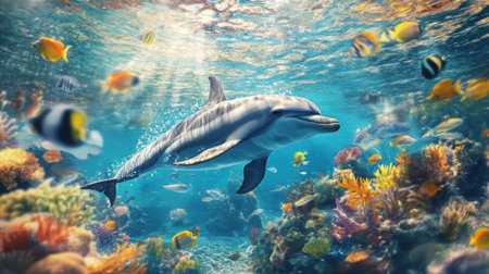 A dolphin swimming gracefully underwater, surrounded by a school of colorful fish in a crystal-clear ocean.の素材