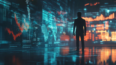 A futuristic financial graph with digital elements, overlaid on a businessman silhouette in a dark, tech-driven environment.の素材