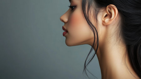 A detailed shot of a woman's profile, highlighting the elegant curve of her jawline, neck, and perfectly styled hair cascading down. -の素材