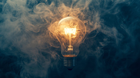A dramatic shot of smoke swirling around a glowing light bulb, symbolizing creativity and inspirationの素材