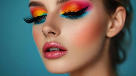 A close-up of a woman with a bold, colorful makeup look, featuring vibrant eyeshadow, dramatic lashes, and a matching lipstick.の素材