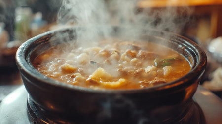 A close-up of a steaming dish of hot soup, with aromatic smoke rising and adding to the appetizing scene.の素材