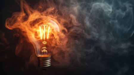 A dramatic shot of smoke swirling around a glowing light bulb, symbolizing creativity and inspirationの素材