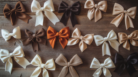 A collection of elegant bows in various sizes and colors, arranged artistically on a wooden table, perfect for crafting.の素材