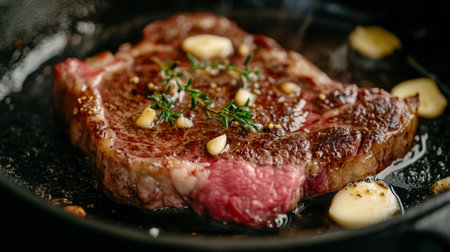 A detailed view of a steak being seared in a cast-iron skillet, with butter, garlic, and thyme melting into the meat.の素材