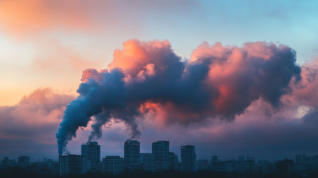 A dense cloud of smoke rolling over a city skyline at dusk, symbolizing urban pollution and industrial impact.の素材