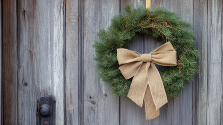 A large decorative bow made of burlap ribbon, tied on a rustic wreath hanging on a wooden door.の素材
