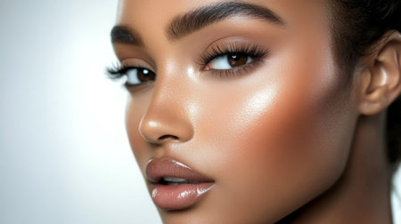 A detailed view of a woman's face with flawless makeup, focusing on her contoured nose, highlighted cheekbones, and glossy lips.の素材