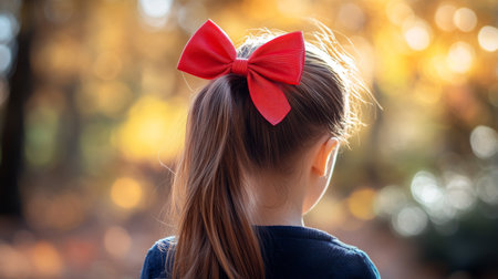 A vibrant red bow tied around a young girl's ponytail, with a blurred background of a sunny park.の素材