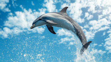 A dolphin performing a backflip in the air, with water droplets frozen in mid-air and a vibrant blue sky in the background. -の素材