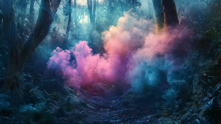 A mystical scene of colored smoke drifting through a dense forest, creating a dreamlike atmosphere.の素材