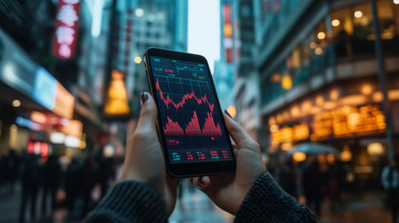 A financial graph with sharp rises and falls, displayed on a smartphone screen held by a businessperson in a bustling urban environment.の素材