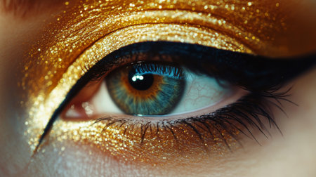 A macro shot of a woman's eye with a glittering gold eyeshadow and precise black eyeliner, capturing the intricate detail of her makeup.の素材