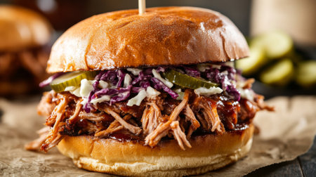 Close-up of a BBQ pulled pork sandwich with coleslaw and picklesの素材