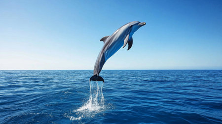 A single dolphin jumping high out of the water, with the vast blue ocean and a distant horizon in the background.の素材