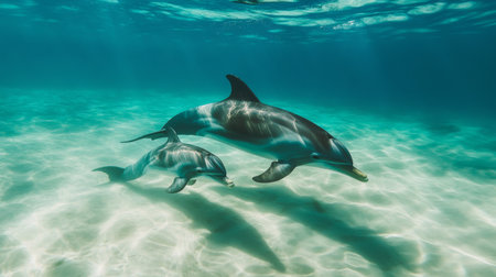 A dolphin mother and her calf swimming close together in shallow turquoise waters, showcasing their strong bond.の素材
