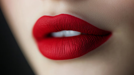 A macro shot of a woman's lips, coated in a rich, matte red lipstick, capturing the smooth texture and vibrant color.の素材