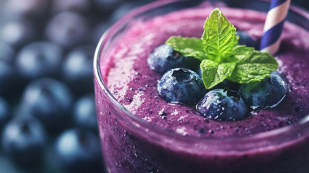 A macro shot of a blueberry smoothie, capturing the rich purple color with fresh blueberries and a mint leaf garnish.の素材
