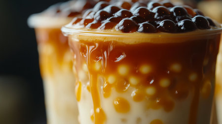 A macro shot of a caramel bubble tea, focusing on the rich layers of caramel and milk tea, with tapioca pearls clustered at the bottom.の素材