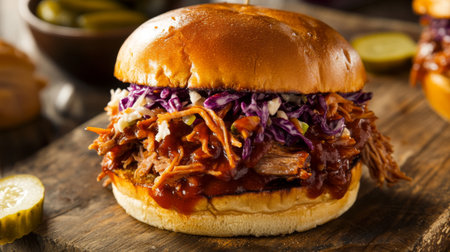 Close-up of a BBQ pulled pork sandwich with coleslaw and picklesの素材