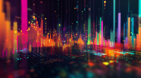 An abstract financial graph with vibrant colors, representing market diversity and financial analysis, displayed on a digital platform.の素材