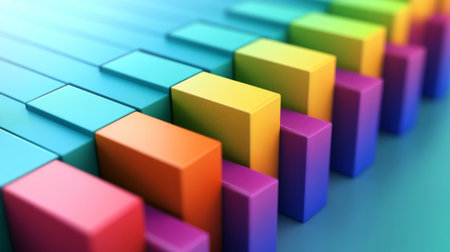 Abstract bar chart with colorful bars rising, set against a gradient background, business conceptの素材