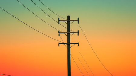 Abstract shot of power lines creating geometric patterns, with the sky in various shades of orangeの素材