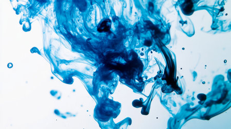 Blue ink dropping into clear water, creating swirling patterns and abstract shapesの素材