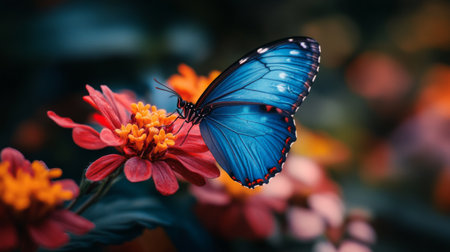 Blue butterfly perched on a vibrant flower, capturing delicate details, nature conceptの素材