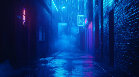 Blue neon lights illuminating a dark alley, urban nightlife scene with moody vibesの素材