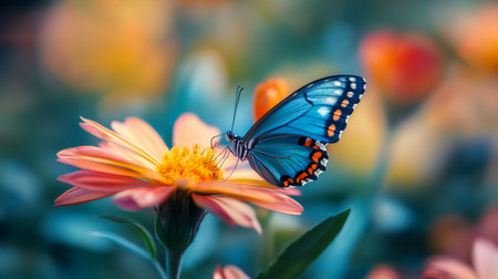 Blue butterfly perched on a vibrant flower, capturing delicate details, nature conceptの素材