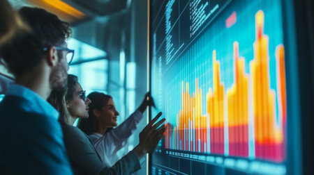 Business team analyzing a colorful bar graph projected on a large office screen, focus on the graphの素材