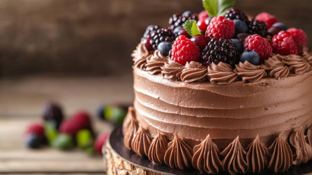 Close-up of a beautifully decorated chocolate cake with intricate frosting designs and fresh berries on top, set on a wooden tableの素材
